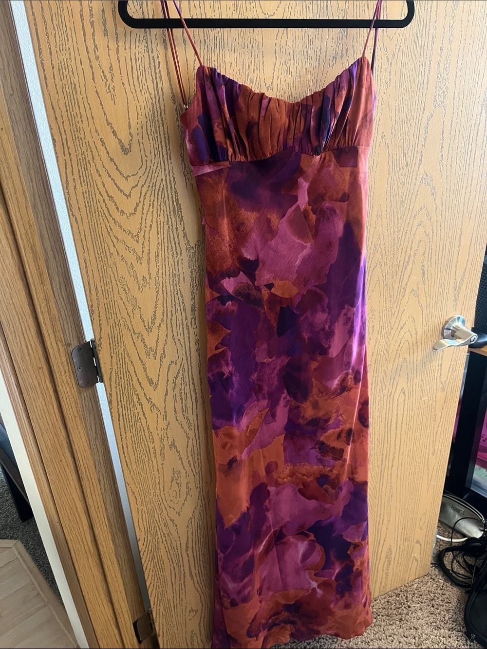 Watercolor Satin Maxi Slip Dress in Purple & Rust